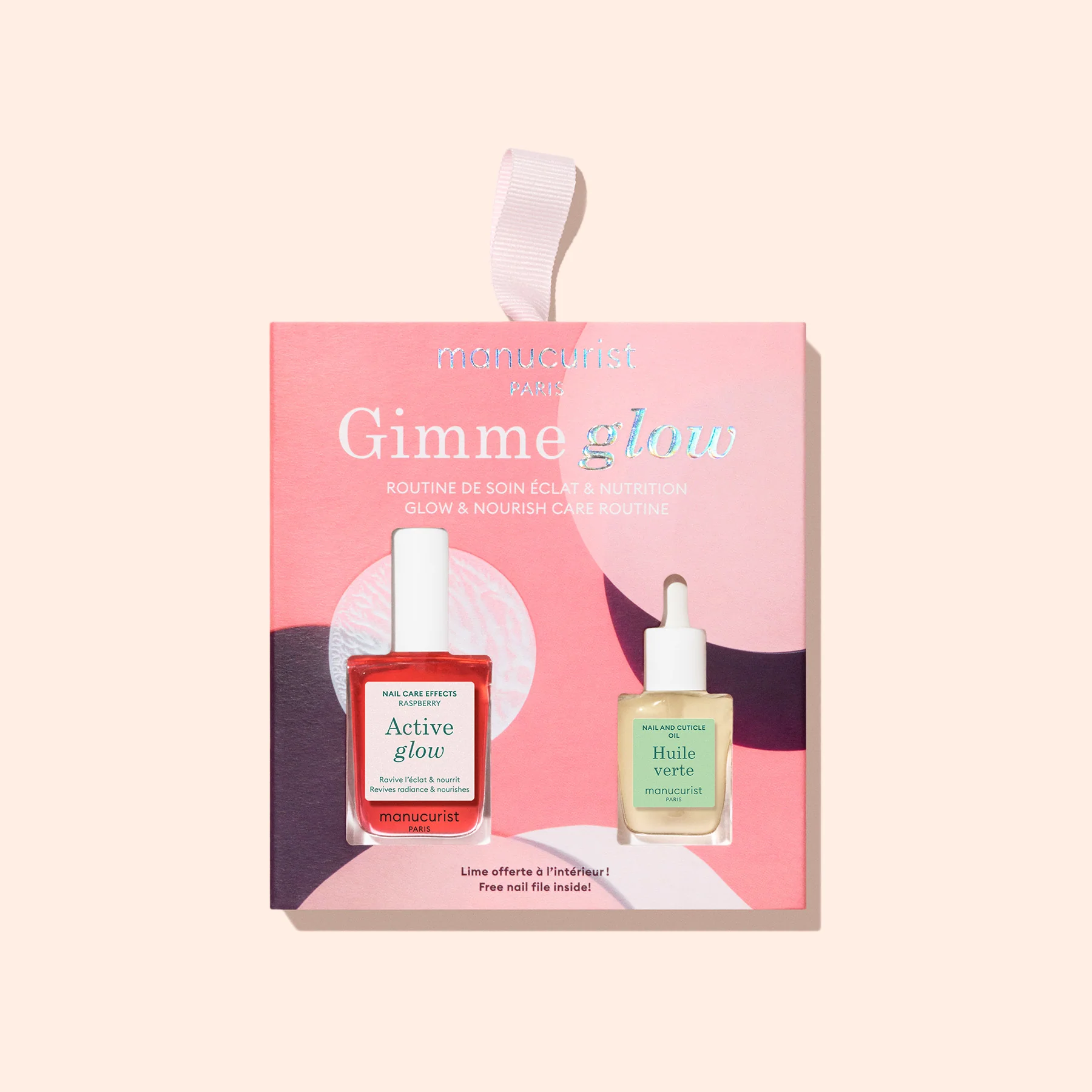 Набір для сяючих нігтів Manucurist Active Glow Raspberry 15мл + Green Oil 8мл + фірмова пилочка + лак + олійка
