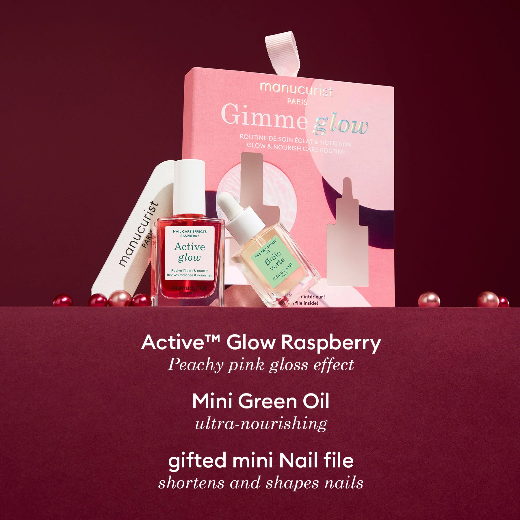 Набір для сяючих нігтів Manucurist Active Glow Raspberry 15мл + Green Oil 8мл + фірмова пилочка + лак + олійка - Зображення 4