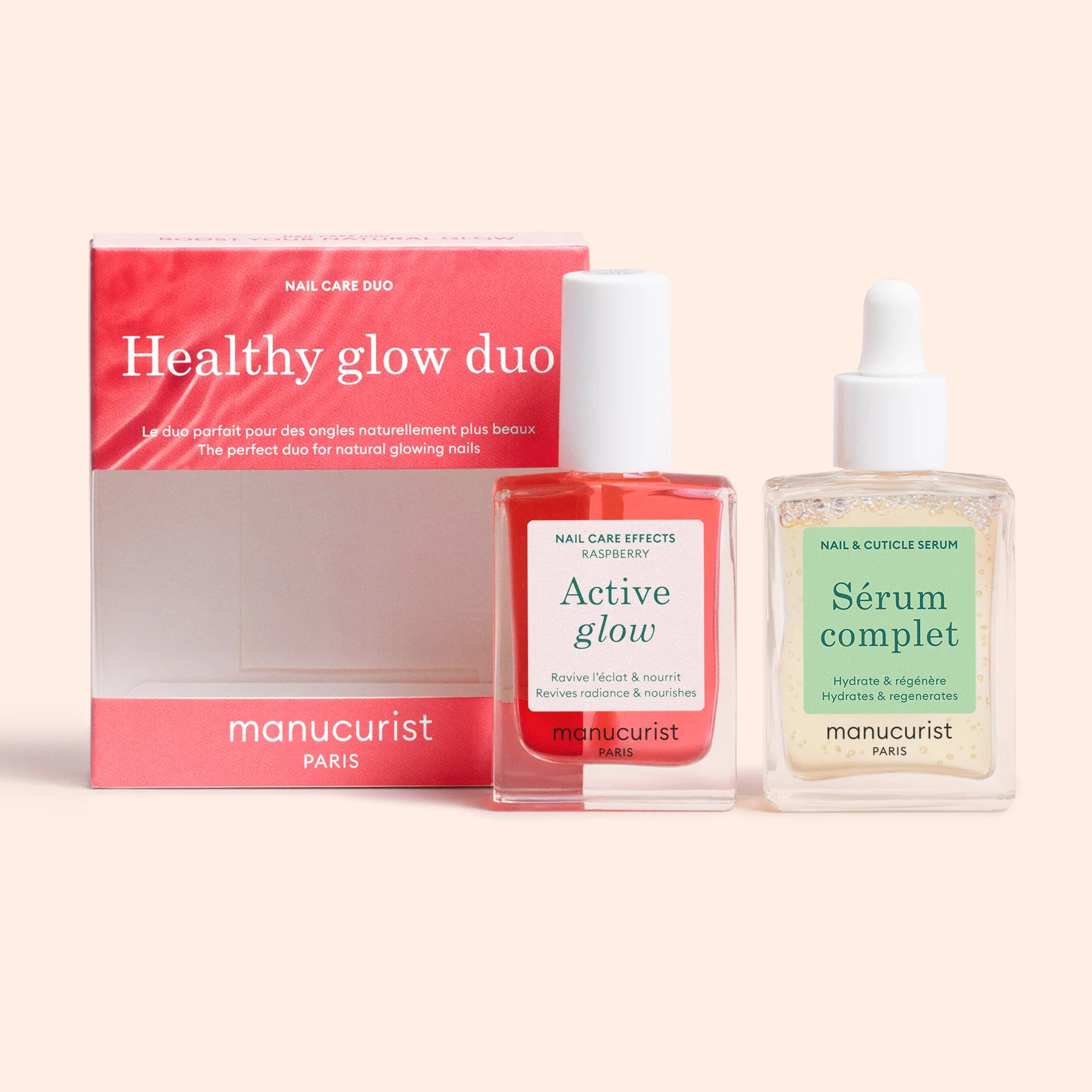 Набір Manucurist для відновлення нігтів Healthy Glow Duo – лак Active Glow Raspberry та сироватка Complete Serum для догляду за нігтями у кольоровий манікюр